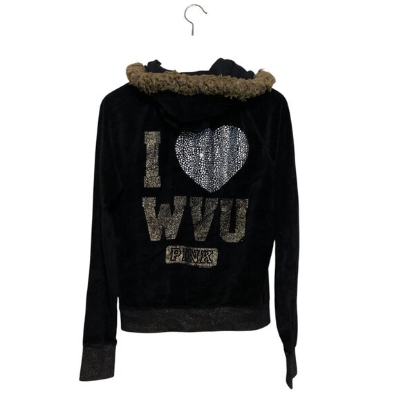 VTG Y2K Pink Victoria’s Secret Hoodie Black Velvet Faux Fur Lined Hoodie UWV Sz - Picture 6 of 12